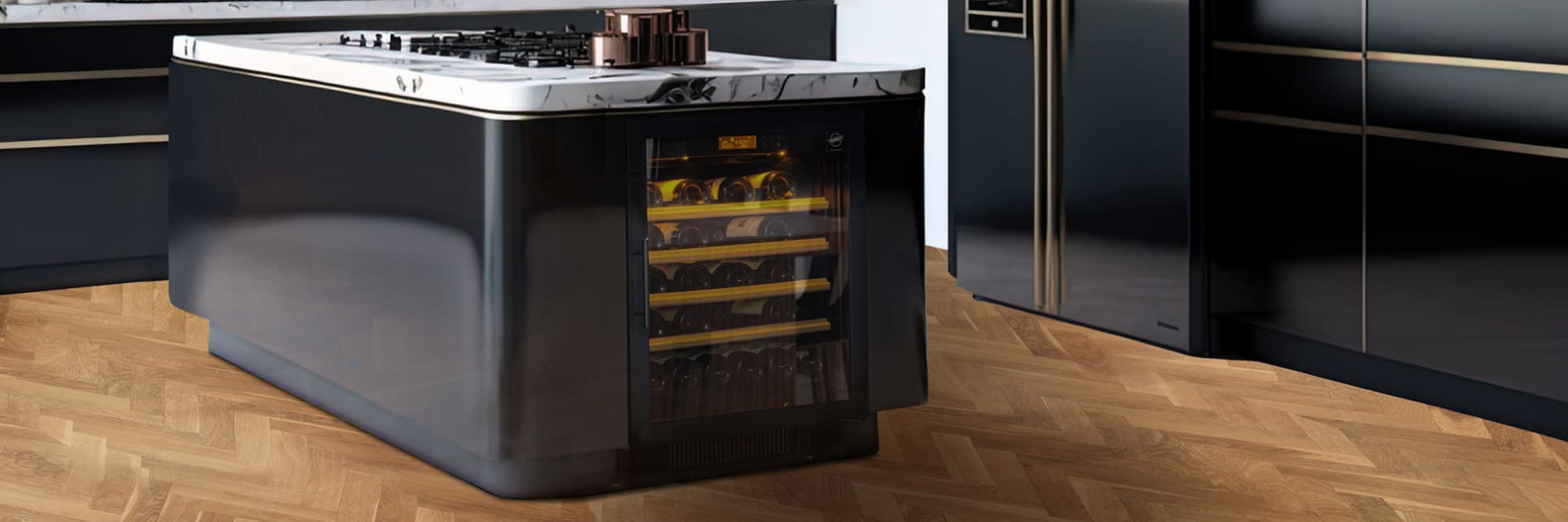 A built-in wine cooler under the worktop of a contemporary black kitchen in an apartment like a mini fridge. Compact EuroCave A built-in wine cooler under the worktop of a contemporary black kitchen in an apartment like a mini fridge. Compact EuroCave